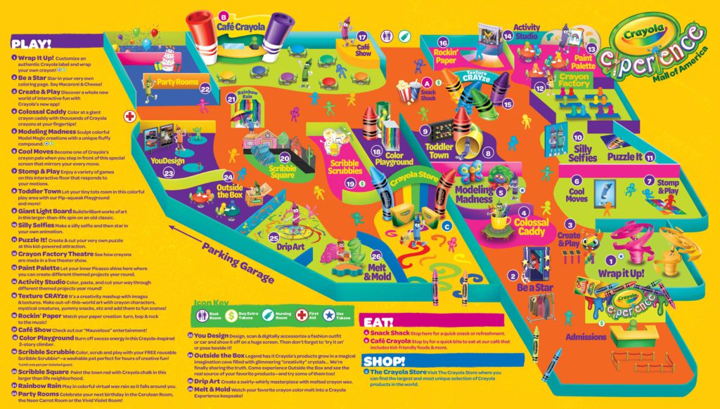 A map of the attractions at Crayola Experience MN