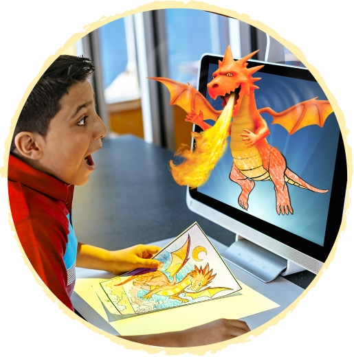 Child watching dragon drawing come to life on screen