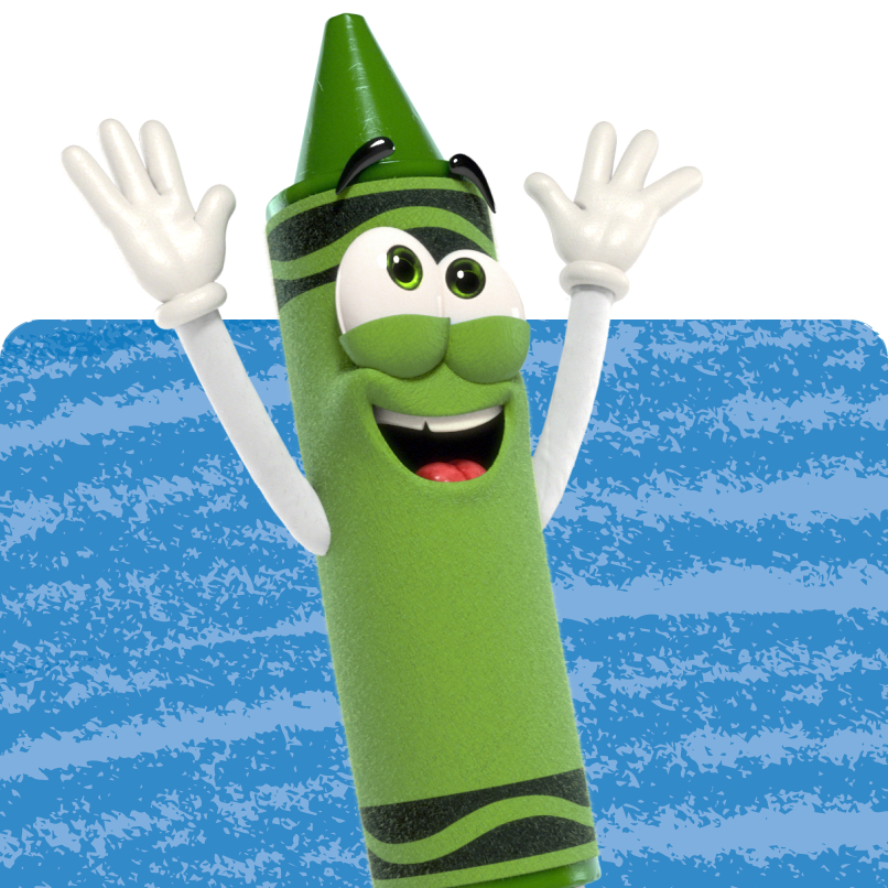 Happy green Crayola crayon character with his hands in the air