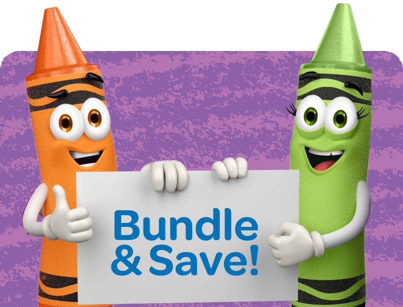 Two Crayola crayon characters holding a Bundle and Save sign